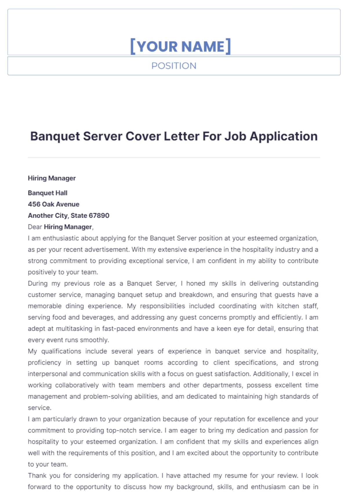 Free Banquet Server Cover Letter For Job Application Template - Edit ...