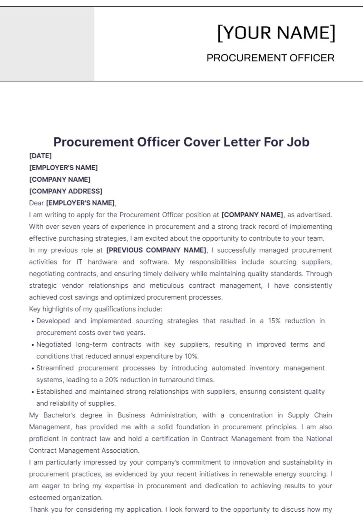 Procurement Officer Cover Letter For Job - Edit Online & Download