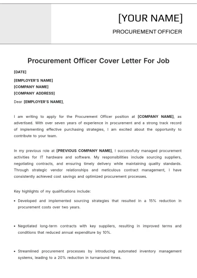 Free Procurement Officer Cover Letter For Job to Edit Online