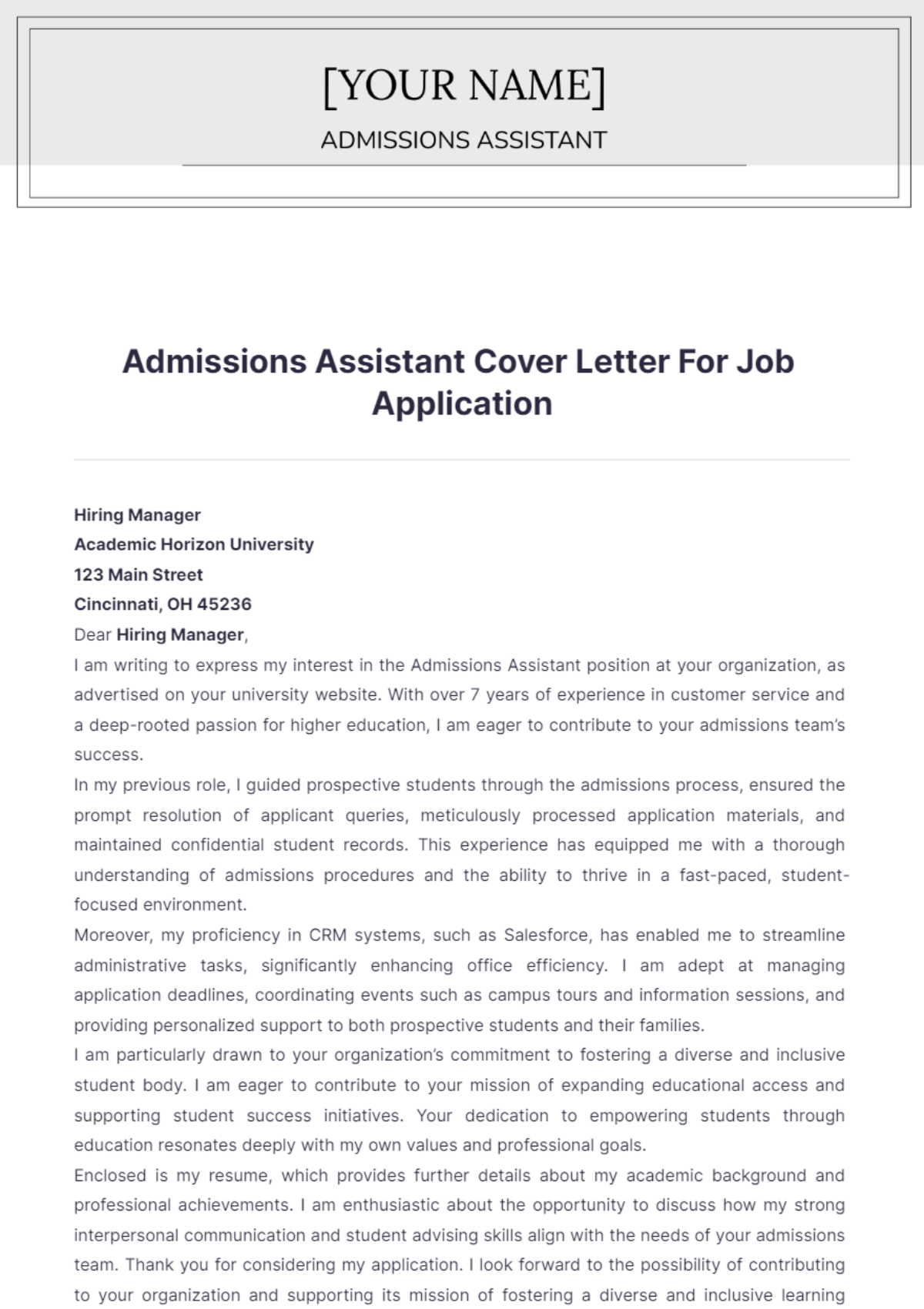 Admissions Assistant Cover Letter For Job Application - Edit Online & Download