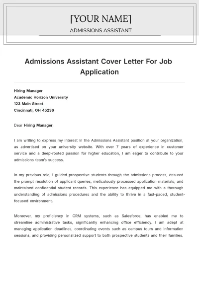 Free Admissions Assistant Cover Letter For Job Application to Edit Online