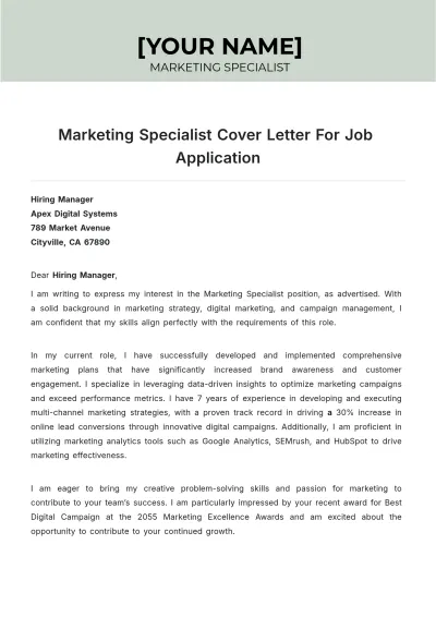 Free Marketing Specialist Cover Letter For Job Application to Edit Online