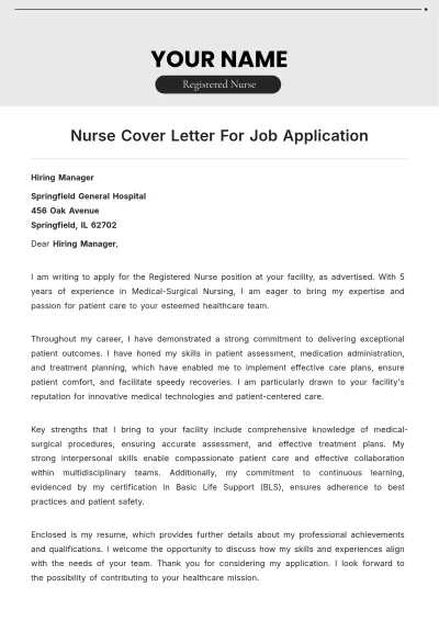 Free Nurse Cover Letter For Job Application to Edit Online