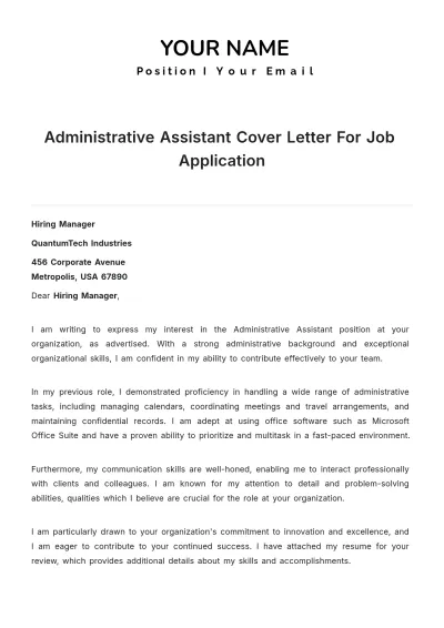 Free Administrative Assistant Cover Letter For Job Application to Edit Online