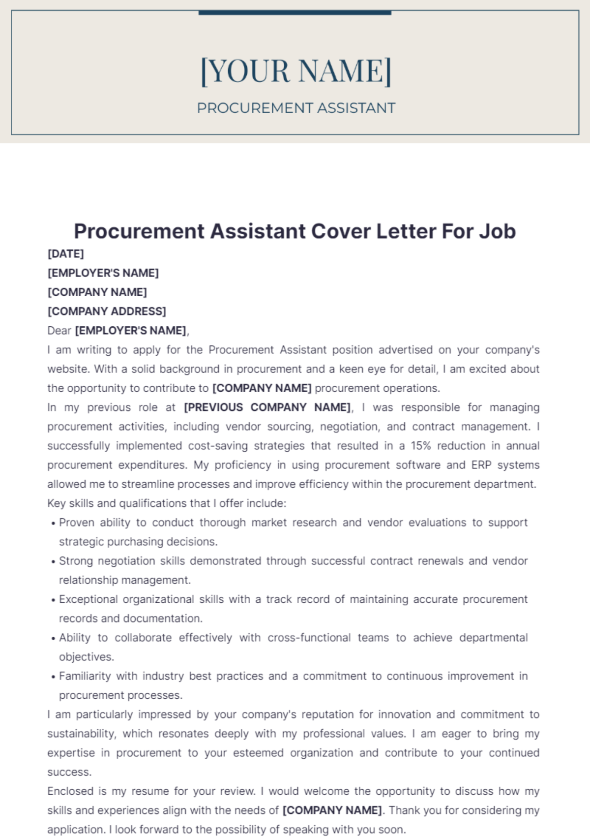 Procurement Assistant Cover Letter For Job - Edit Online & Download