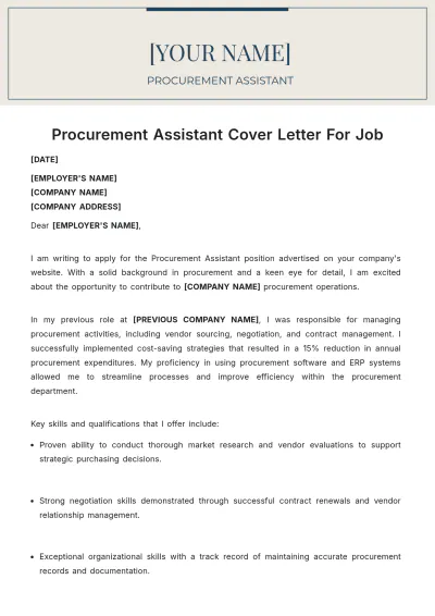 Free Procurement Assistant Cover Letter For Job to Edit Online