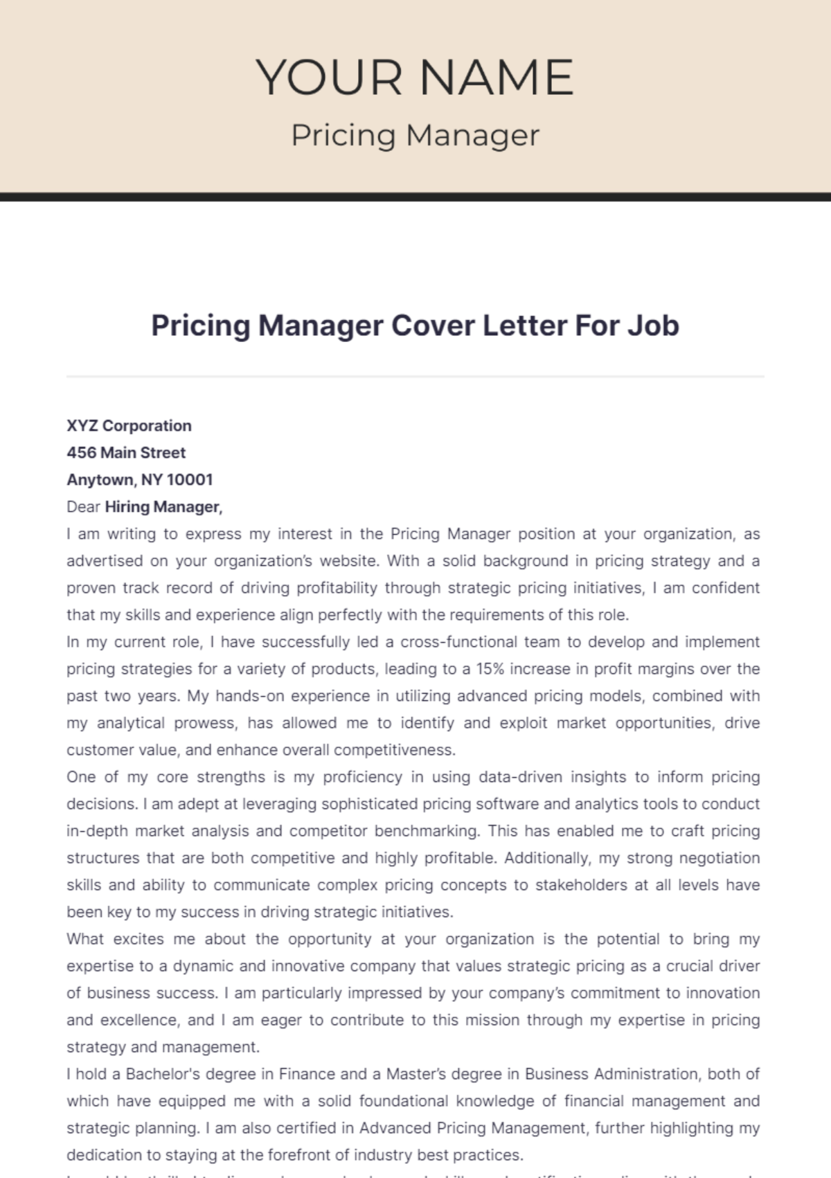 Pricing Manager Cover Letter For Job - Edit Online & Download