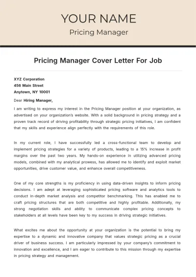 Free Pricing Manager Cover Letter For Job to Edit Online