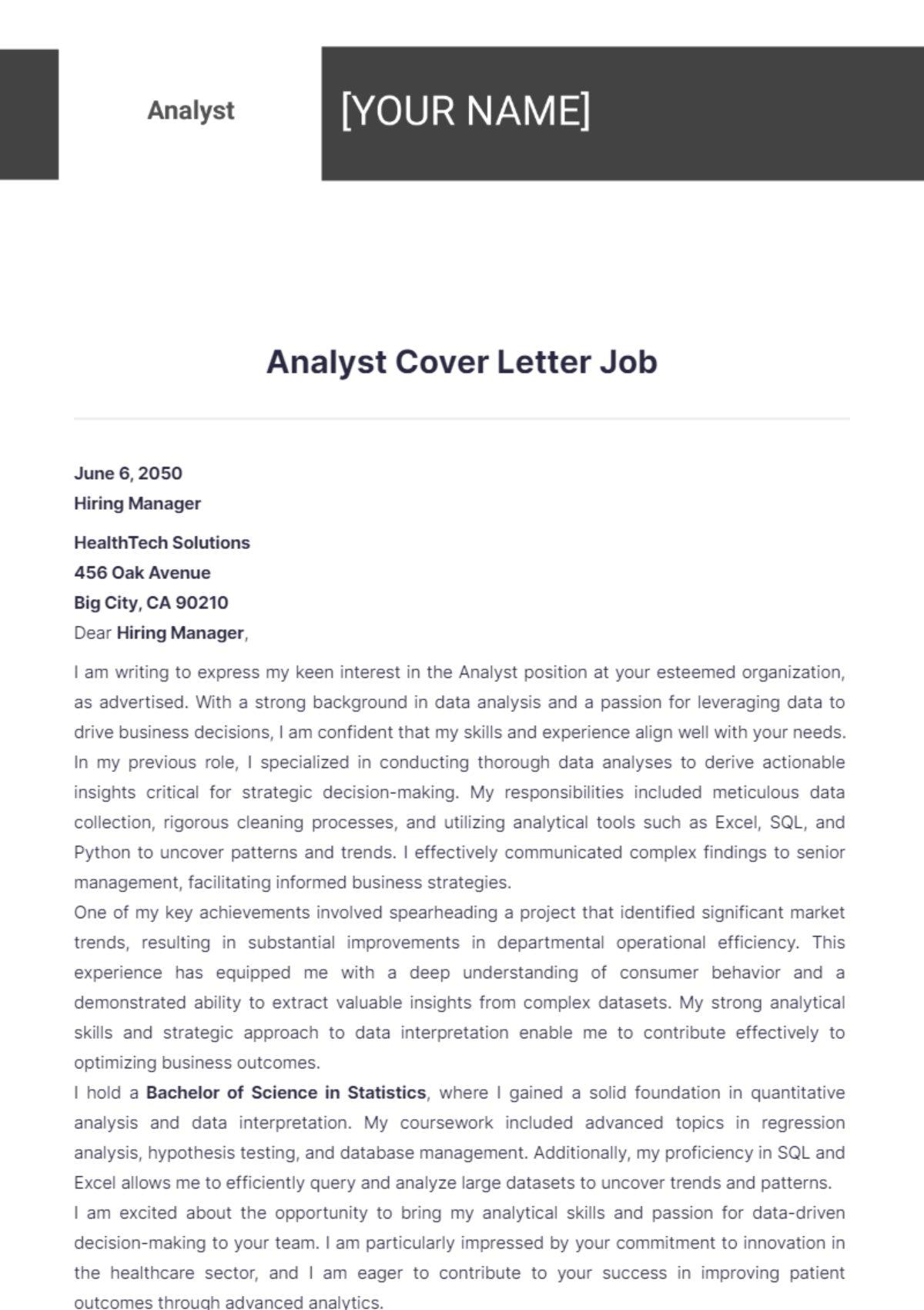 Analyst Cover Letter For Job - Edit Online & Download