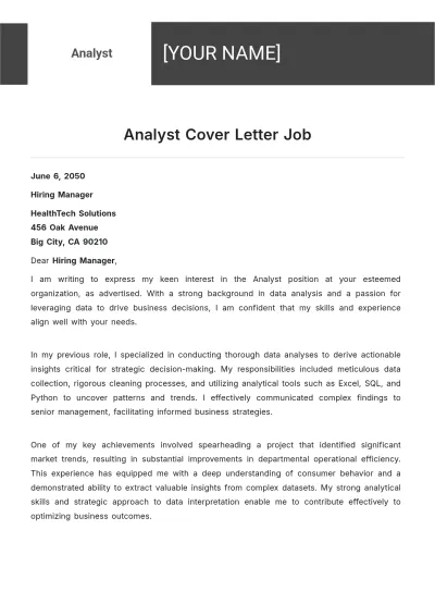 Free Analyst Cover Letter For Job to Edit Online