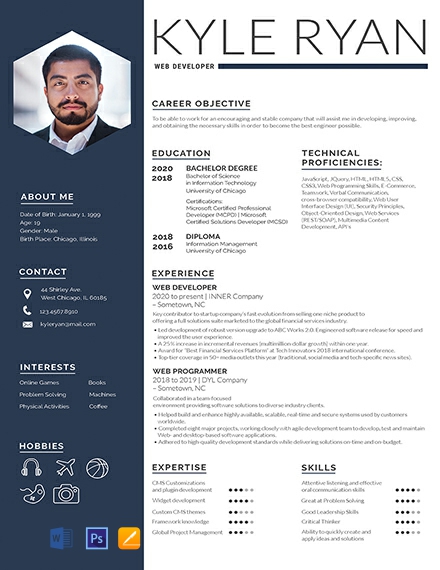 Web Developer Resume Template - Word, Apple Pages, PSD