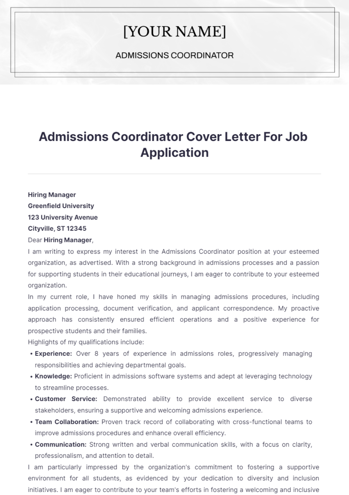 Admissions Coordinator Cover Letter For Job Application - Edit Online & Download