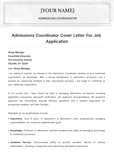 Free Admissions Coordinator Cover Letter For Job Application to Edit Online