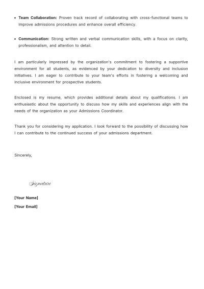 Free Admissions Coordinator Cover Letter For Job Application to Edit Online
