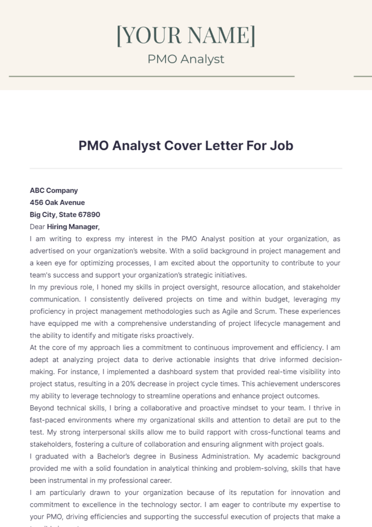 PMO Analyst Cover Letter For Job - Edit Online & Download