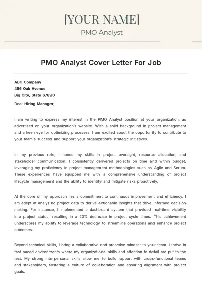Free PMO Analyst Cover Letter For Job to Edit Online