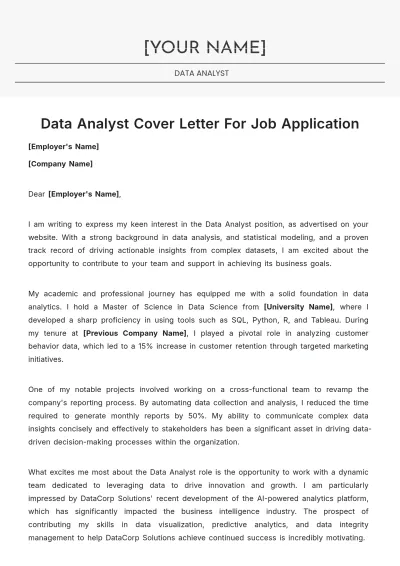 Free Data Analyst Cover Letter  For Job Application to Edit Online