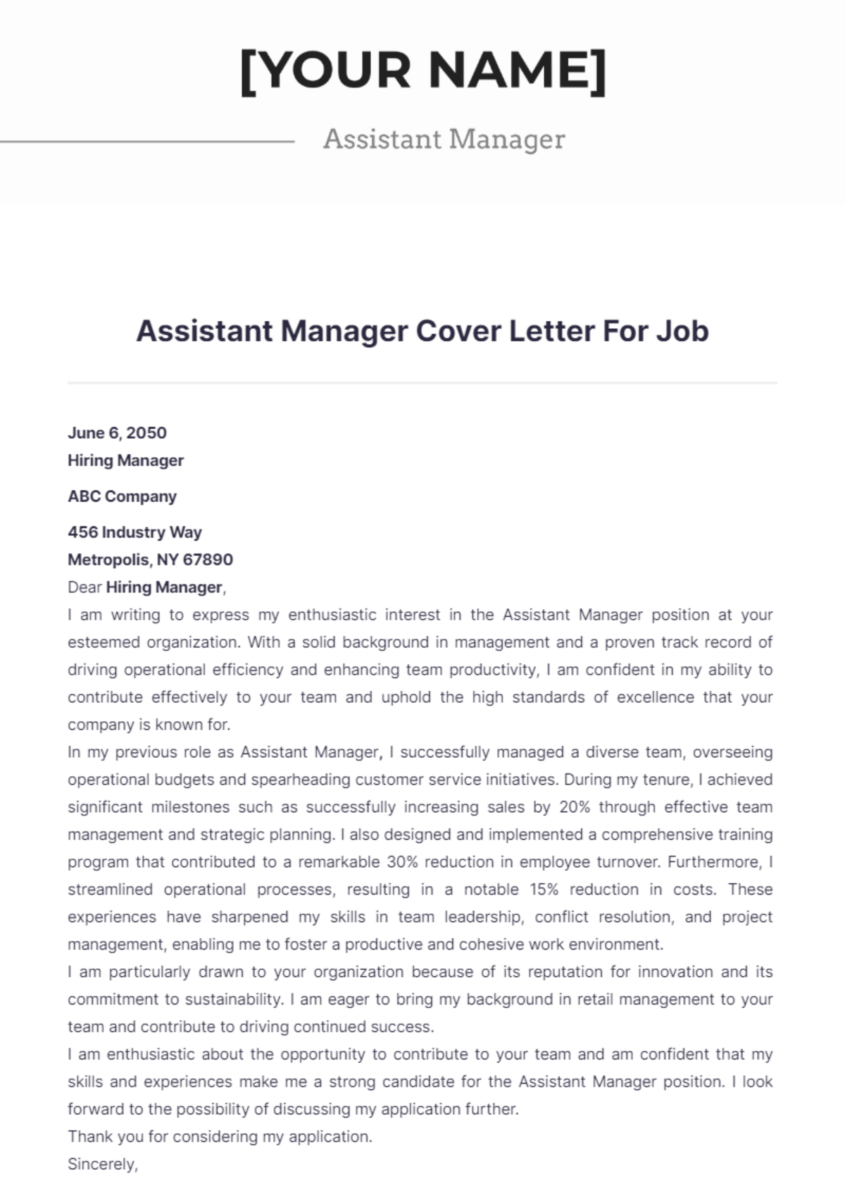 Assistant Manager Cover Letter For Job - Edit Online & Download