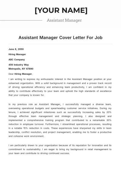 Free Assistant Manager Cover Letter For Job to Edit Online