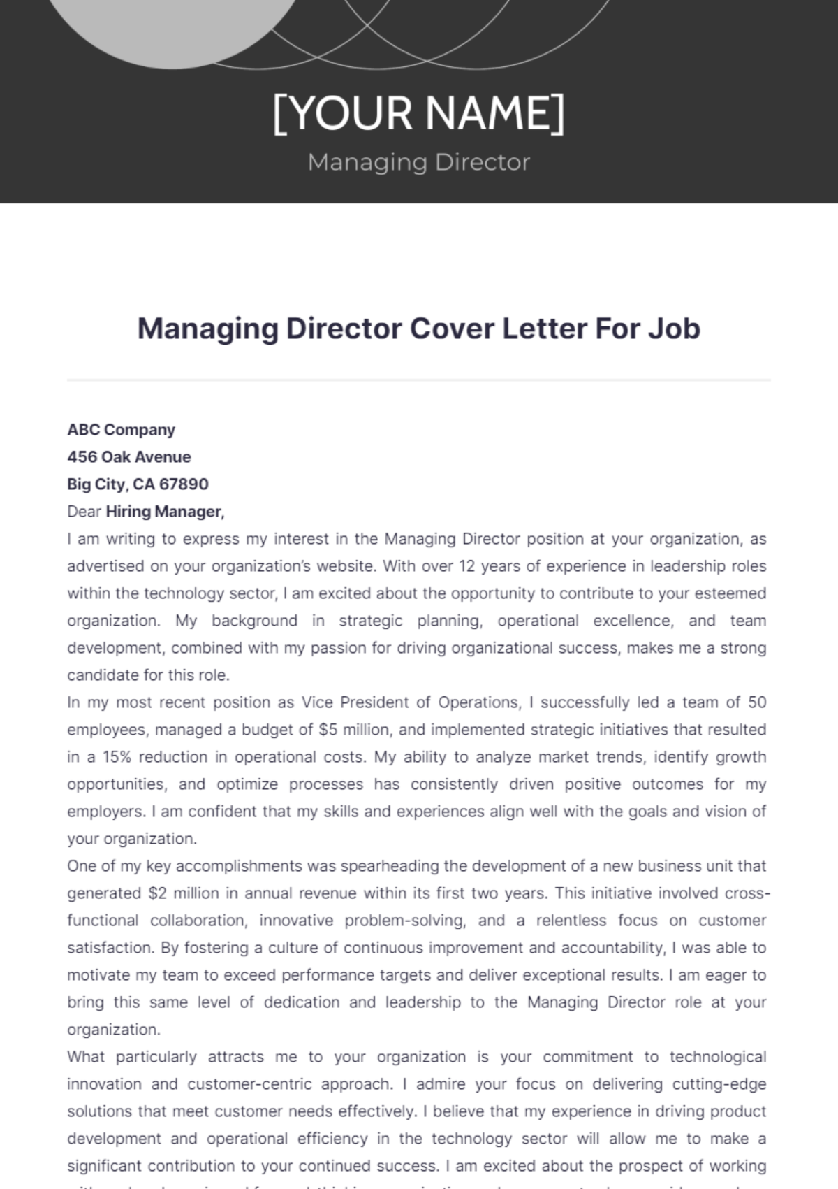 Managing Director Cover Letter For Job - Edit Online & Download