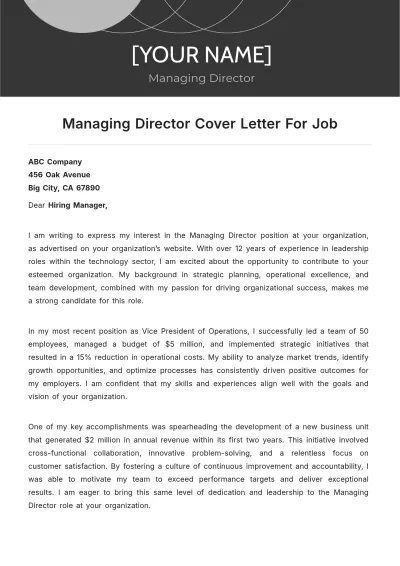Free Managing Director Cover Letter For Job to Edit Online
