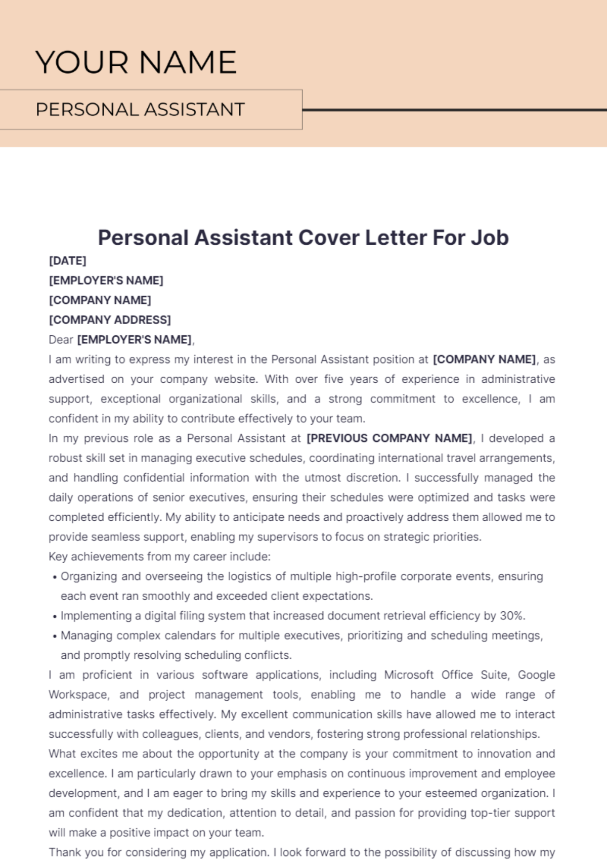 Personal Assistant Cover Letter For Job - Edit Online & Download