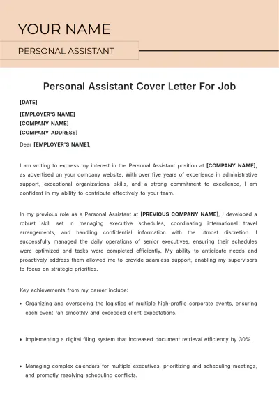 Free Personal Assistant Cover Letter For Job to Edit Online
