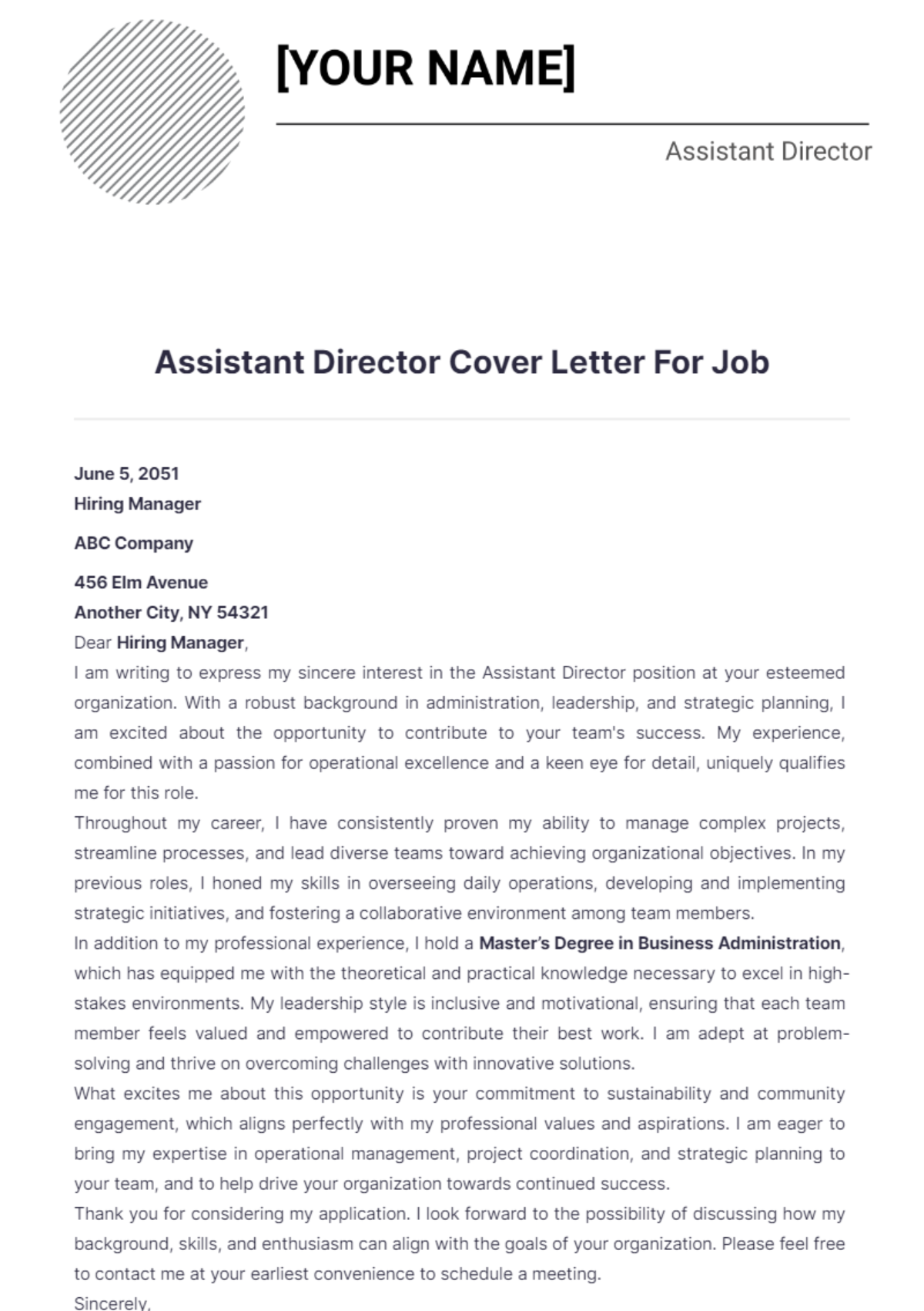 Assistant Director Cover Letter For Job - Edit Online & Download