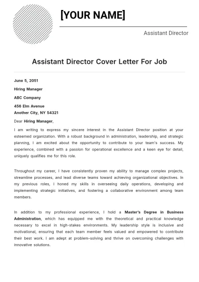 Free Assistant Director Cover Letter For Job to Edit Online