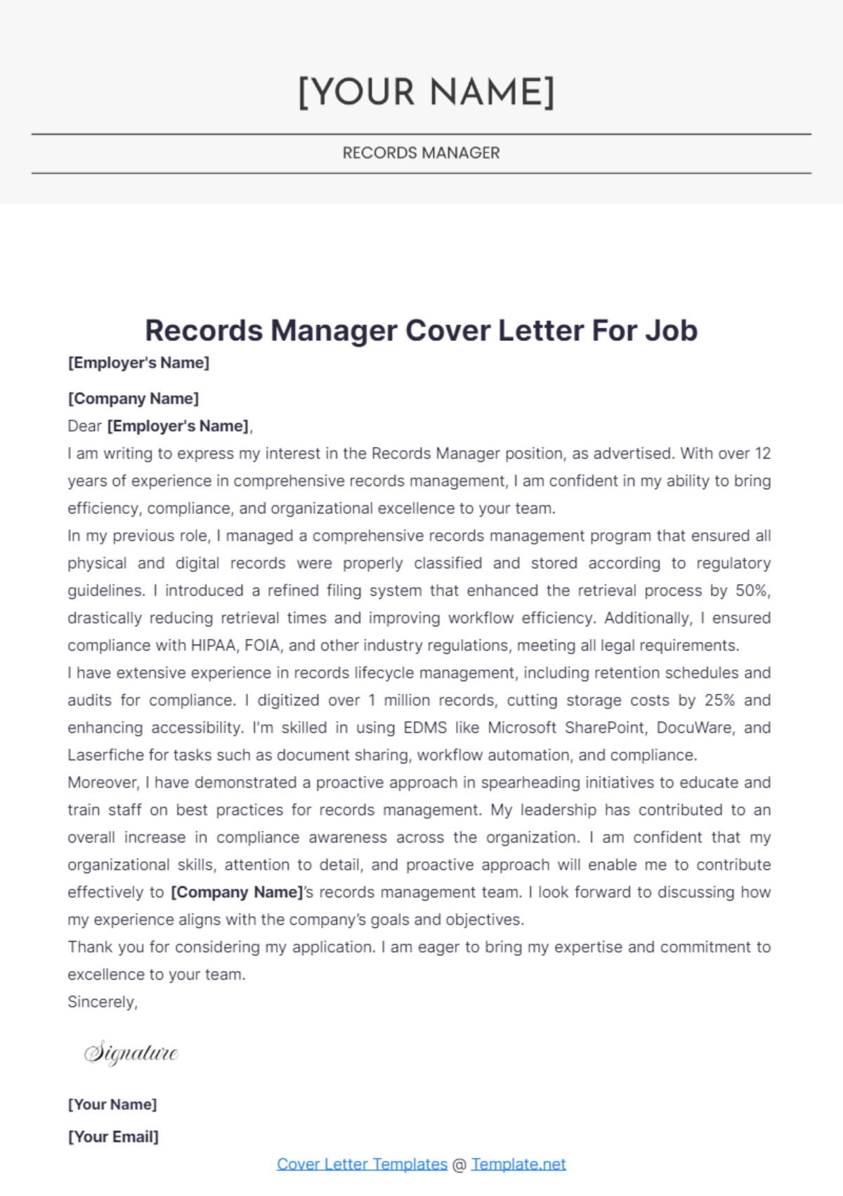 records management cover letter