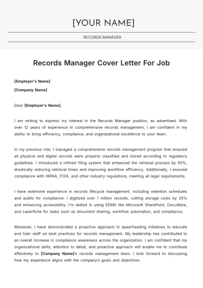 Free Records Manager Cover Letter For Job to Edit Online