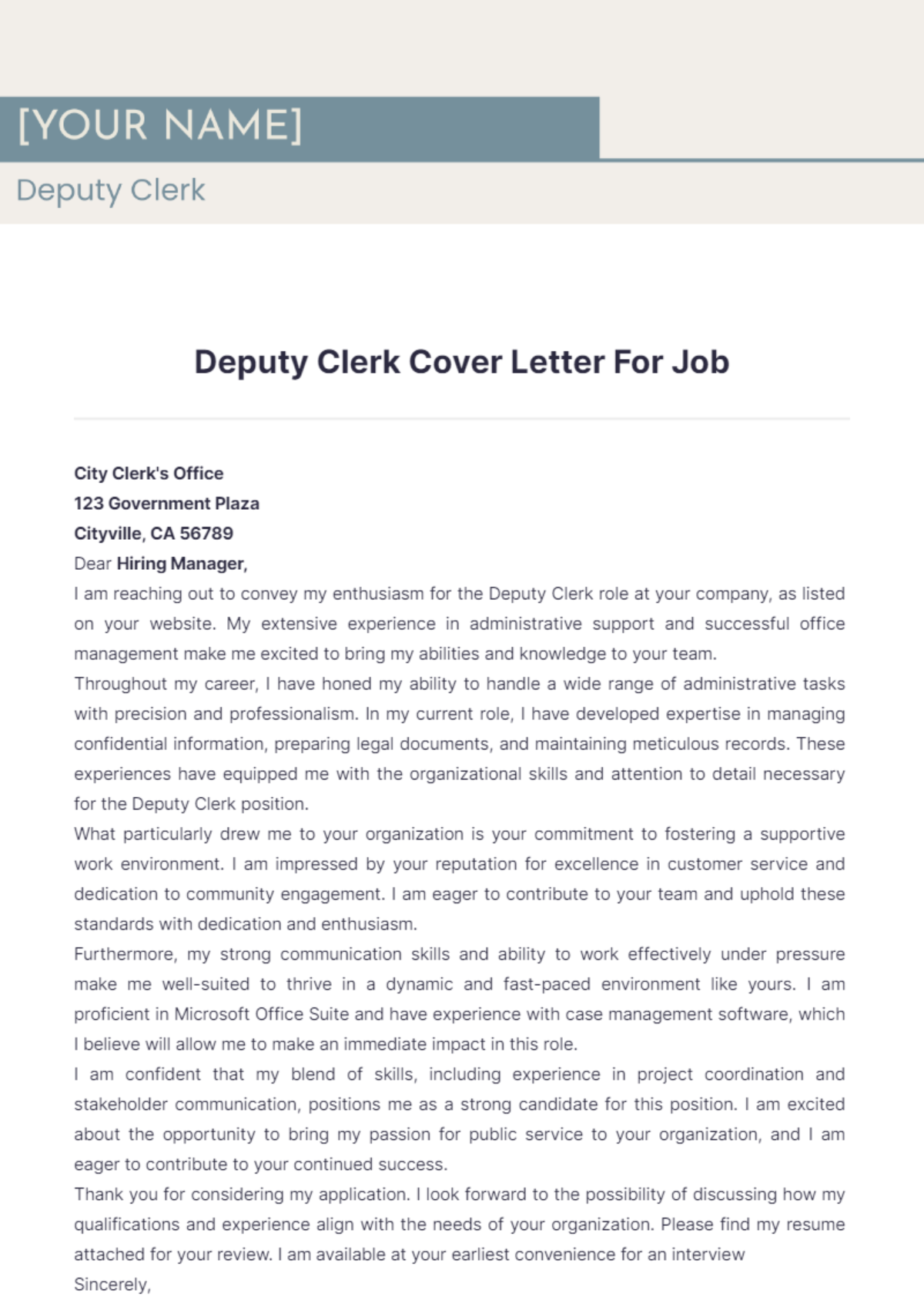 Deputy Clerk Cover Letter For Job - Edit Online & Download