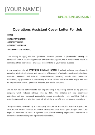 Free Operations Assistant Cover Letter For Job to Edit Online