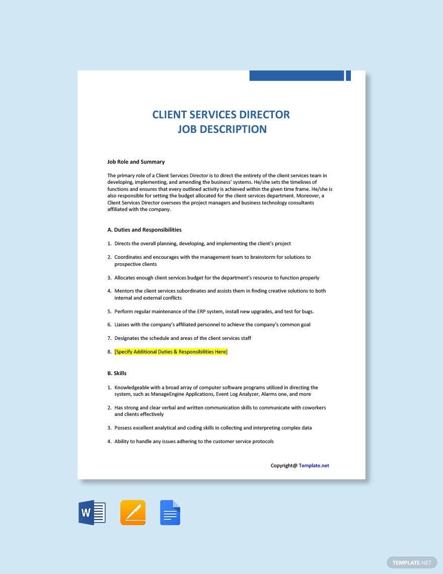 Client Services Director Job Ad and Description Template