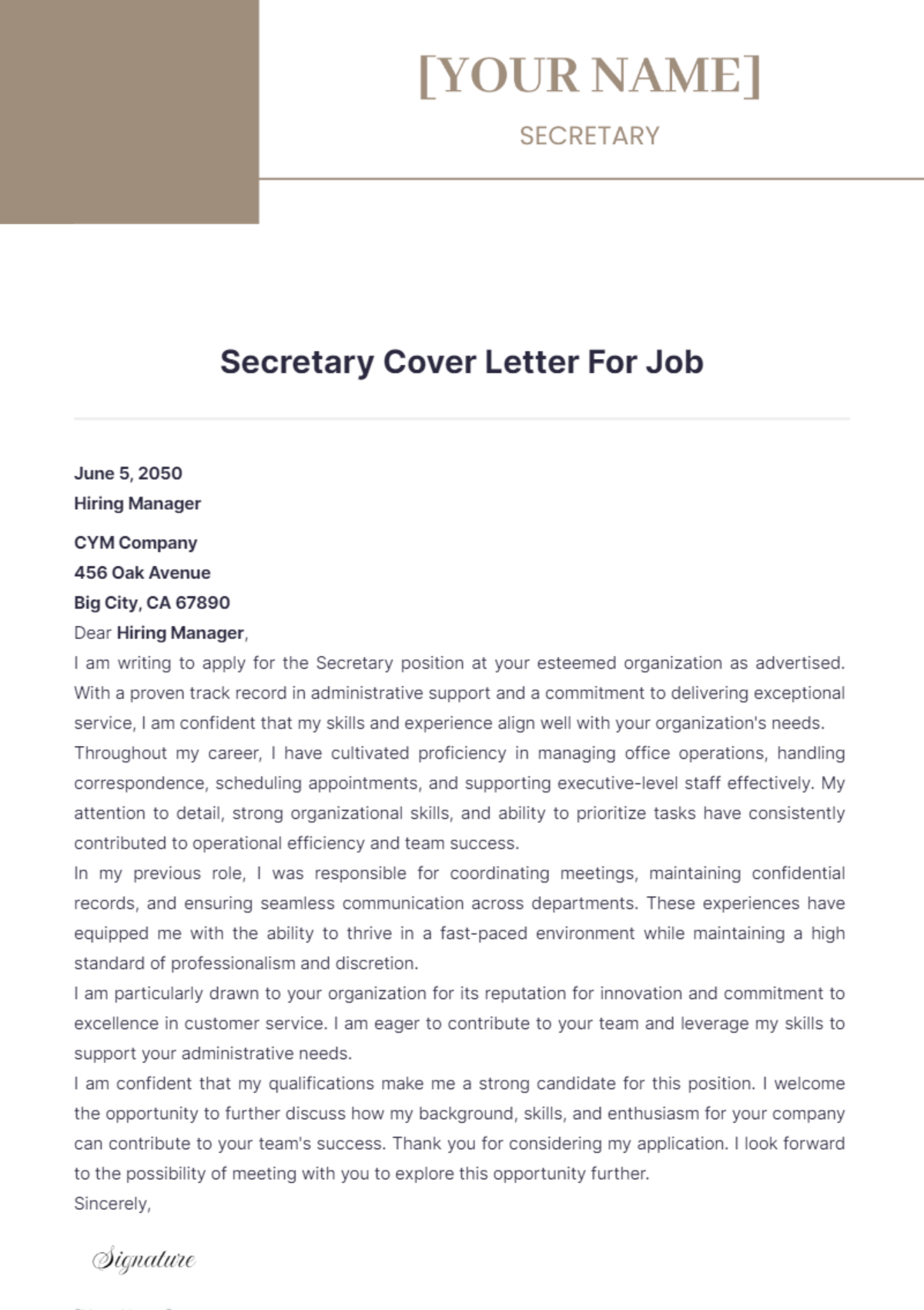 Secretary Cover Letter For Job - Edit Online & Download