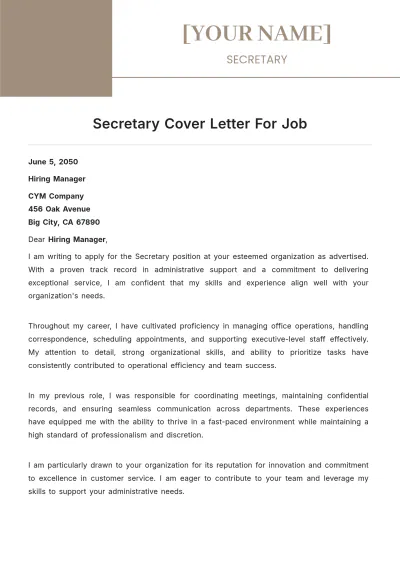Free Secretary Cover Letter For Job to Edit Online