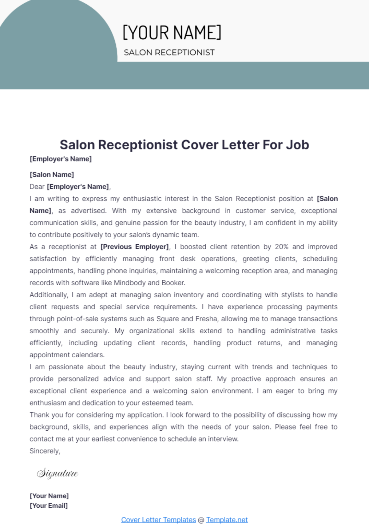 Salon Receptionist Cover Letter For Job - Edit Online & Download