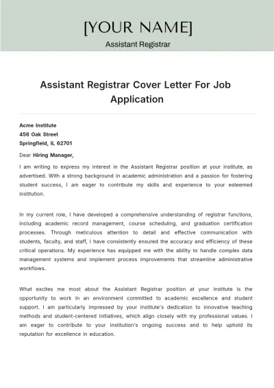 Free Assistant Registrar Cover Letter For Job Application to Edit Online