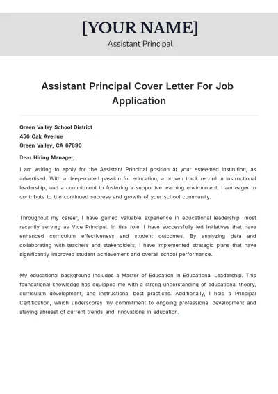 Free Assistant Principal Cover Letter For Job Application to Edit Online