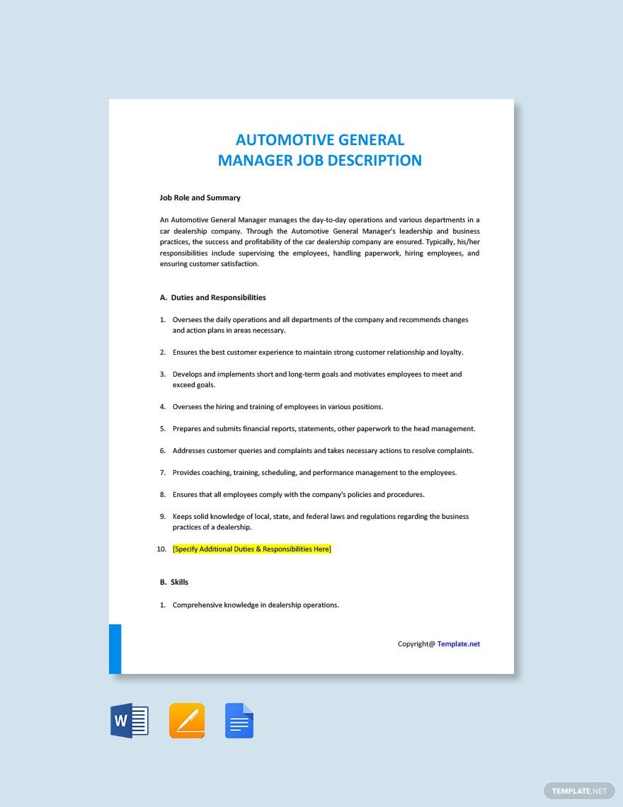 Automotive General Manager Job Ad and Description Template