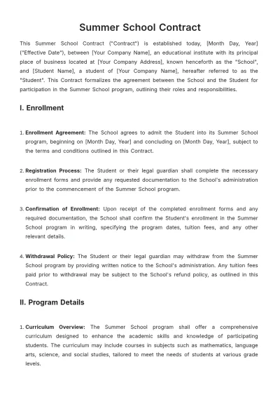 Free Summer School Contract Template to Edit Online