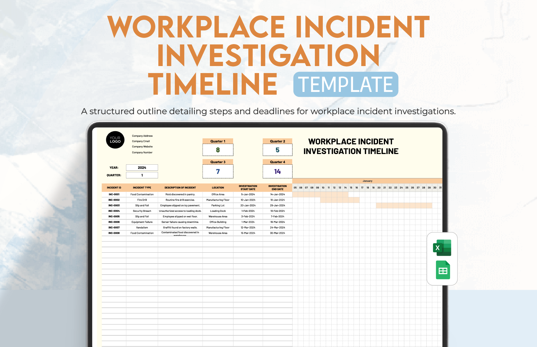 Workplace Incident Investigation Timeline Template in Excel, Google Sheets