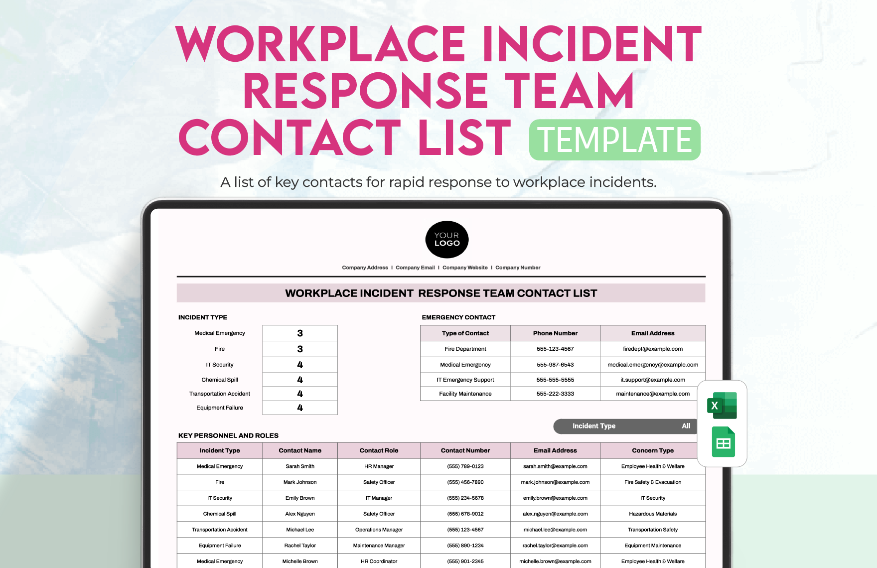 Workplace Incident Response Team Contact List Template in Excel, Google Sheets