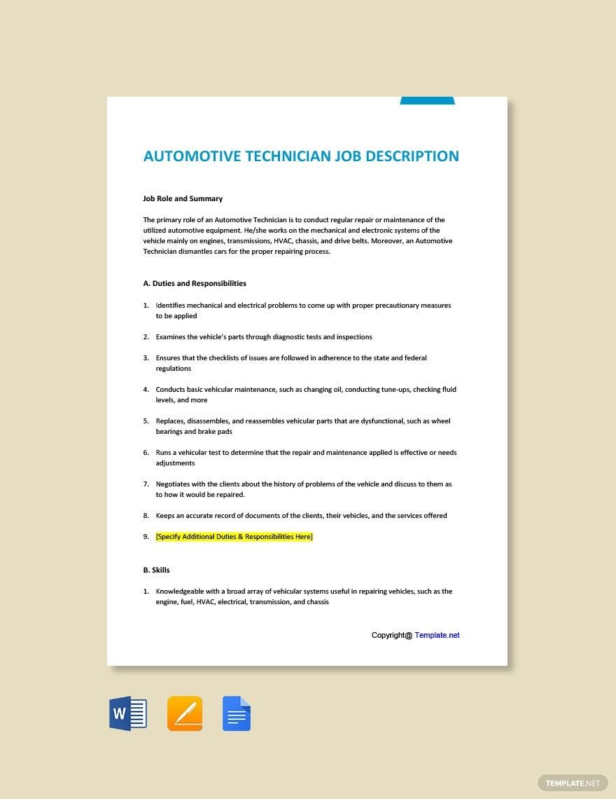 Automotive Technician Job Ad and Description Template