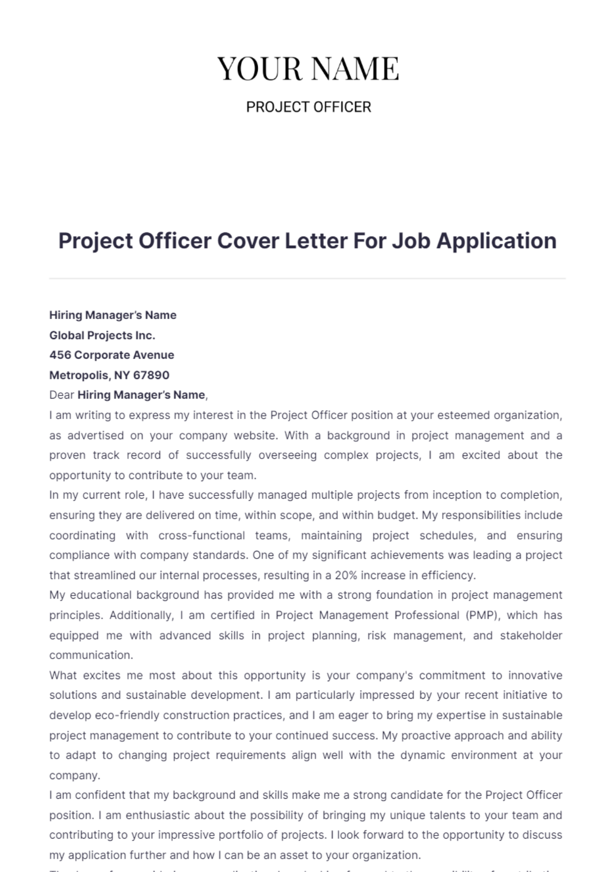 Project Officer Cover Letter For Job Application - Edit Online & Download