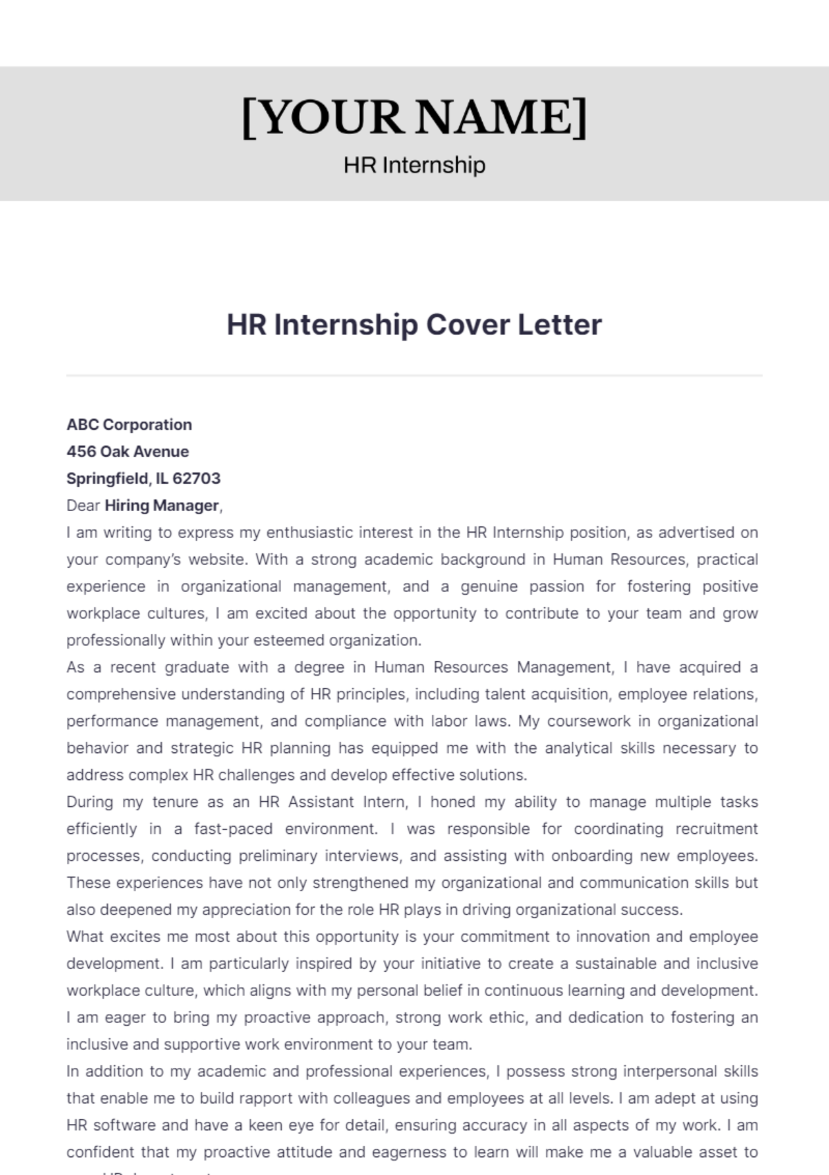 HR Internship Cover Letter - Edit Online & Download