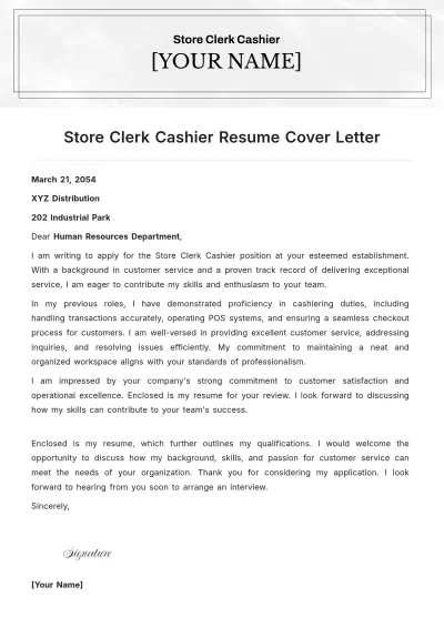 Free Store Clerk Cashier Resume Cover Letter to Edit Online