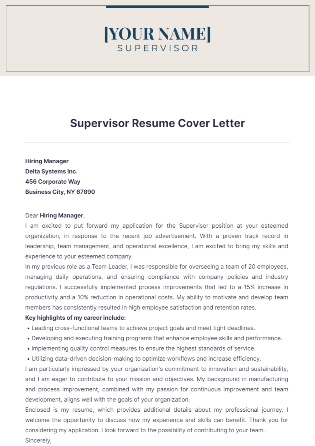 Supervisor Resume Cover Letter - Edit Online & Download