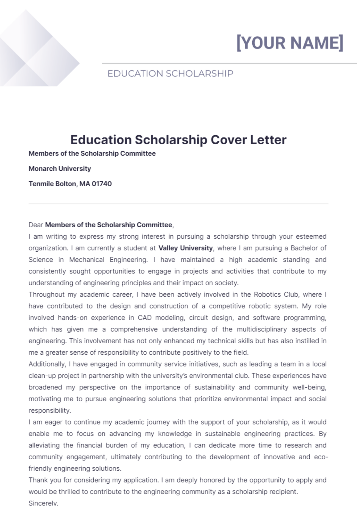 Education Scholarship Cover Letter - Edit Online & Download