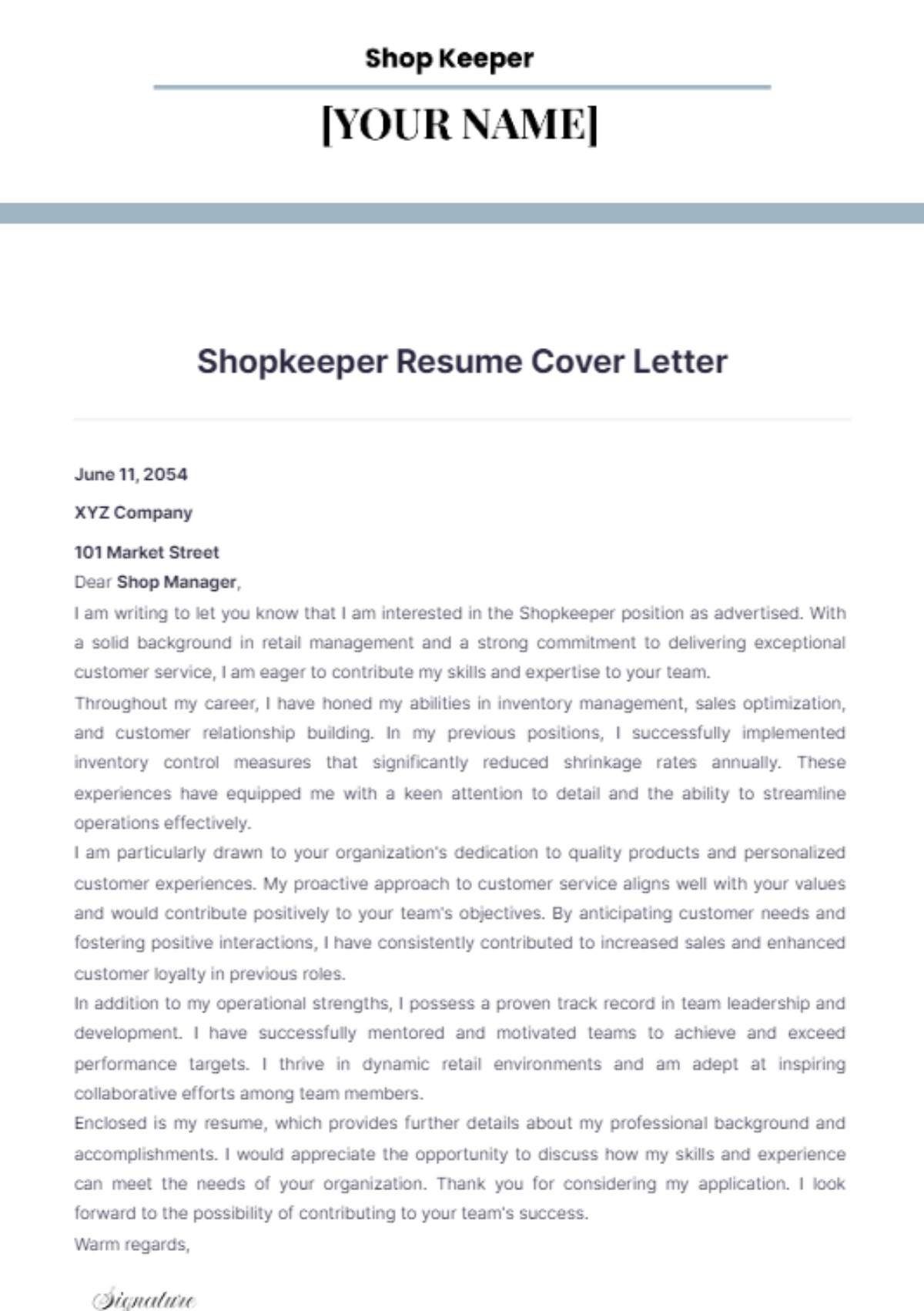 Shopkeeper Resume Cover Letter - Edit Online & Download